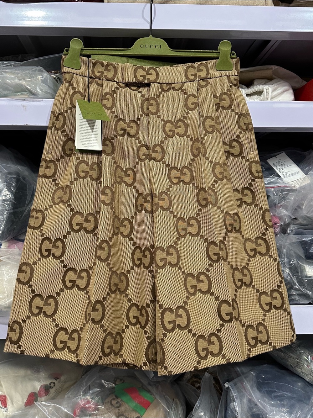Gucci Brown Beige GG Logo A-Line Pleated Skirt